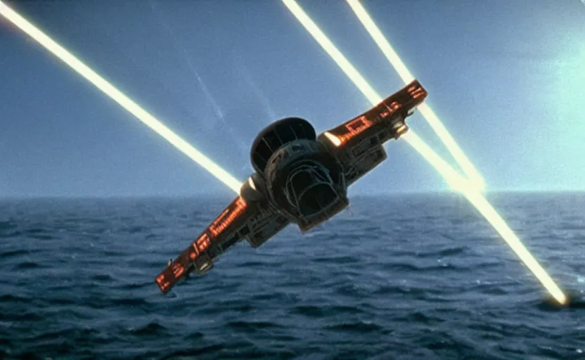 Image similar to iconic cinematic screenshot of an x wing above the ocean, scene from the 1 9 7 0 s star wars sci fi film by stanley kubrick, glowing lasers, kodak film stock, anamorphic lenses 2 4 mm, lens flare, iconic cinematography, award winning