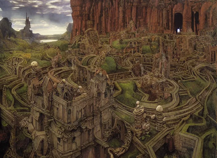 Image similar to jim henson's labyrinth an impossible maze filled with twisted turns a goblin city and a castle looming in the background by edgar maxence and caravaggio and michael whelan and delacroix style, artistic, intricate painting, cinematic lighting, hyper realistic, extremely detailed, vivid colors, establishing shot, dramatic lighting