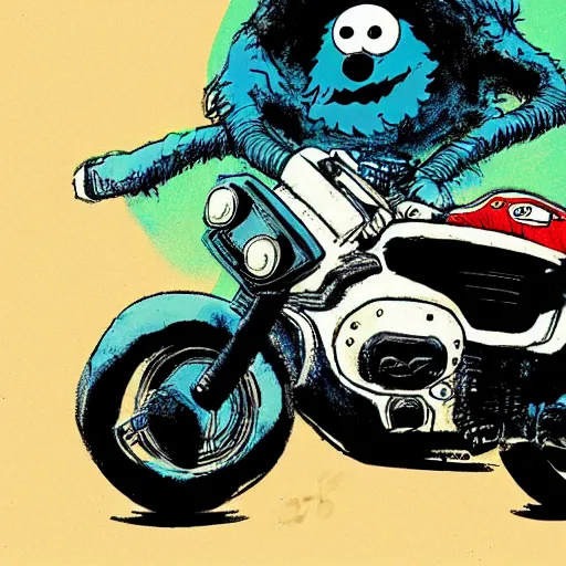 Image similar to illustration of cookie monster riding kaneda's motorcycle from akira by ilya kuvshinov katsuhiro otomo