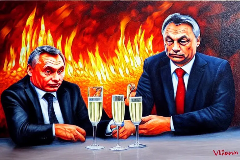 Image similar to viktor orban drinking champagne with putin in front a burning city, highly detailed eyes, oil painting