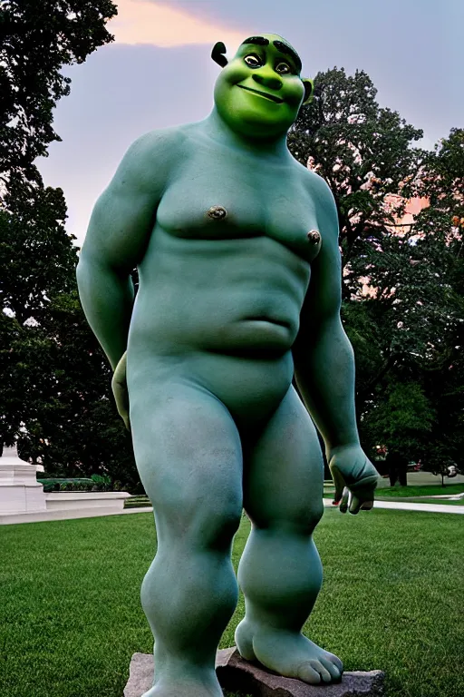 Prompt: A beautiful stone statue of Shrek in front of the White House, photo by Steve McCurry, heroic pose, detailed, smooth, smiling, professional photographer