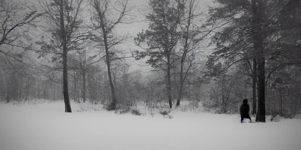 Image similar to photo, bigfoot faintly appears in the distance, barely able to be seen. cold color temperature, snow storm. hazy atmosphere. humidity haze. kodak ektachrome, greenish expired film, award winning, low contrast