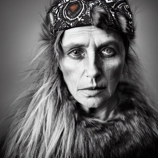 Prompt: Award Winning Portrait of a prehistoric English Female in furs with beautiful eyes wearing a leather headband by Lee Jeffries, 85mm ND 5, perfect lighting,