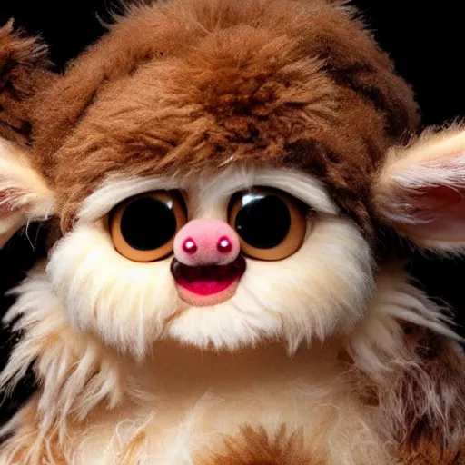 Image similar to cute gizmo mogwai muppet with brown - white fur, brown eyes, large ears, intricate detail, beautiful aesthetic, photorealistic, award winning professional cinematic composition, dramatic lighting, 8 k