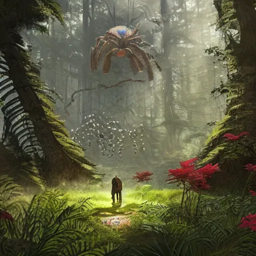 Prompt: an ugly giant spider, beautiful, realistic, atmosphere, vibe, forest, lot of trees, fern, flowers, concept art illustration, color page, tone mapping, akihiko yoshida, james jean, andrei riabovitchev, marc simonetti, digital illustration, greg rutowski, volumetric lighting, sunbeams, particles