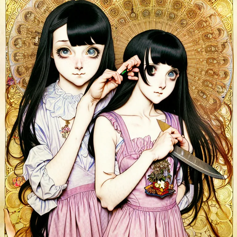 Image similar to portrait of a morbid 18 year old youth wearing a pretty little dress with straight silky black hair, in a butcher shop, holding a butcher knife, insanely and epically detailed high-quality small details, beautiful golden ratio, exquisitely detailed soft shadowig style, epic pencil illustration style, style of Range Murata and by Alphonse Mucha and by Katsuhiro Otomo.