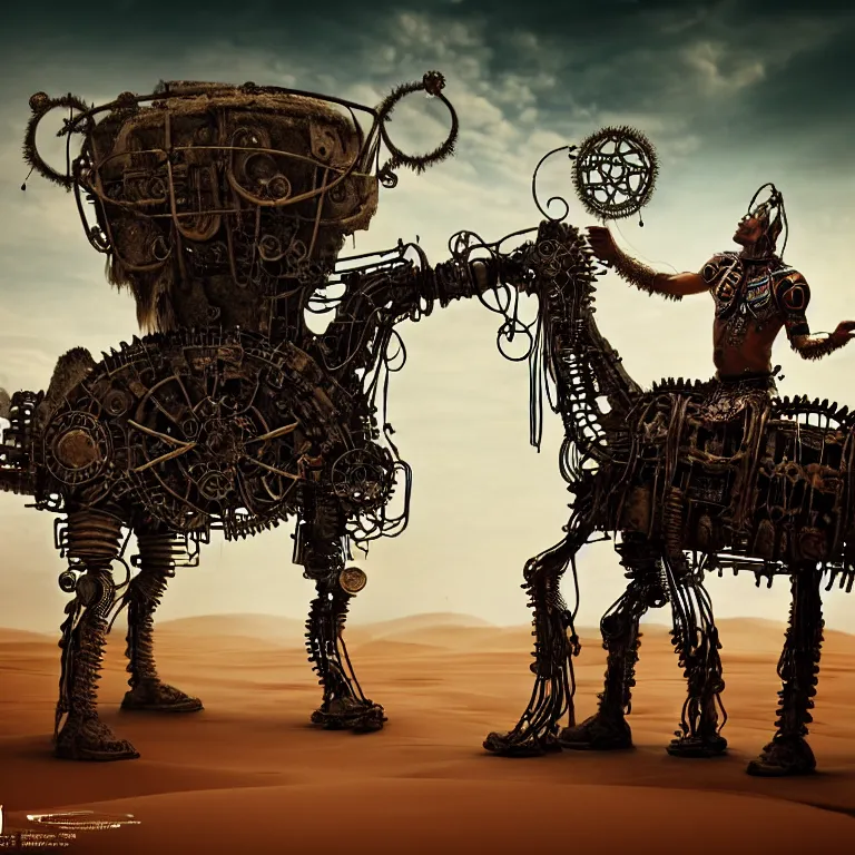 Prompt: A techno-magical shaman performs a ritual to resurrect a mechanical horse in a steely ancient ruin covered in dunes of sand. Masterpiece, fantasy art, future, cinematic, hyperdetailed, sigil, photorealistic, cyberpunk, postapocalyptic, steampunk, hyperrealism, octane rendering, 8k, depth of field, bokeh, shadows, art by Zdzisław Beksiński