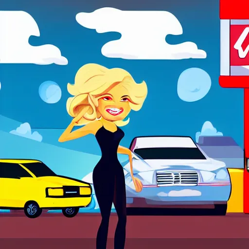 Image similar to petrol station expensive fuel blonde woman nice car cartoon style drawn comic sunny weather wide shot surprised expression valvoline gas