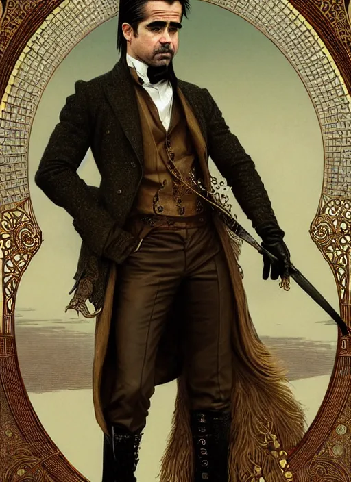 Image similar to colin farrell as a 2 1 st century aristocrat wearing boots, detailed face, d & d, wet, shiny, fantasy, intricate, elegant, hyper detailed, ultra definition, photoreal, artstation, unreal engine rendered, concept art, smooth, sharp focus, illustration, art by artgerm and greg rutkowski and alphonse mucha and garis edelweiss