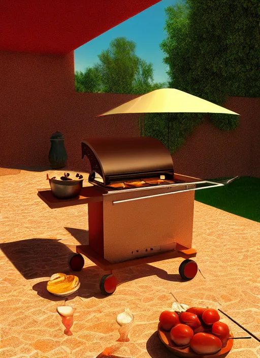 Prompt: barbeque designed by salvador dali, natural lighting, path traced, highly detailed, high quality, digital painting