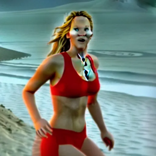 Prompt: movie still of jennifer lawrence as CJ in Baywatch, running