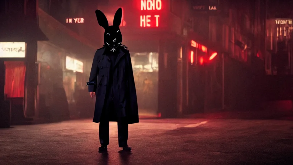 Image similar to a man in a trench coat wearing a black rabbit mask in front of a night club, film still from the movie directed by Denis Villeneuve with art direction by Salvador Dalí, wide lens