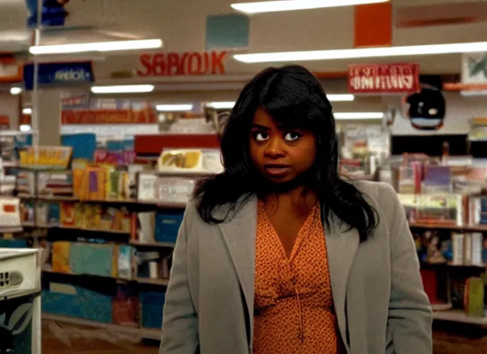 Image similar to cinematic shot of octavia spencer in an small used electronics store, iconic scene from the paranoid thriller sci fi film directed by stanley kubrick, anamorphic cinematography, beautiful composition, color theory, leading lines, photorealistic, volumetric lighting