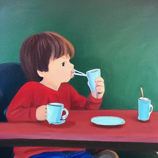Image similar to ! little boy drinking hot chocolate and looking at a wallet near him on the table. painting.