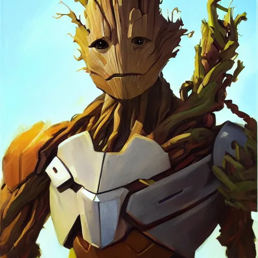 Image similar to greg manchess portrait painting of armored groot as overwatch character, medium shot, asymmetrical, profile picture, organic painting, sunny day, matte painting, bold shapes, hard edges, street art, trending on artstation, by huang guangjian and gil elvgren and sachin teng