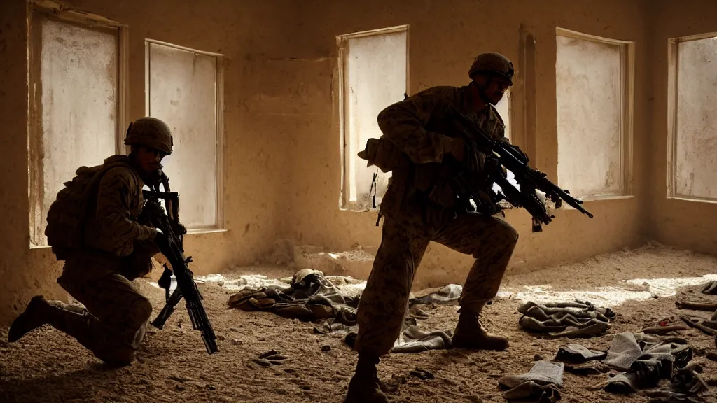 Image similar to film still of a marine soldier with a sniper rifle on his back standing in a dusty room with traditional colorful carpets on the wall in front of a sandy window. moody, grainy, 4 k, high detail, aesthetic, good composition, overdetailed, room cluttered with items, anatomically correct, directed by quentin tarantino,