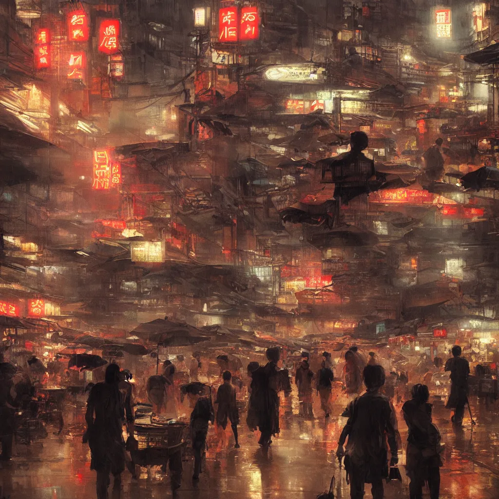 Prompt: an asian wet market at night, by greg rutkowski