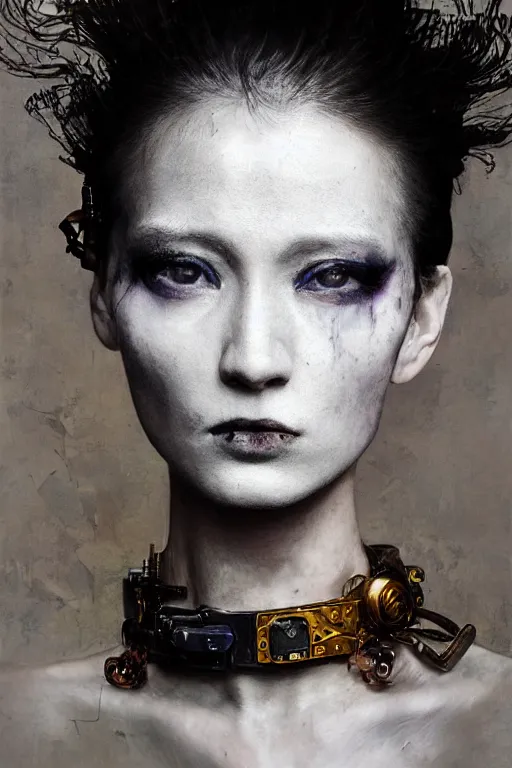 Prompt: photography portrait by paolo roversi , headshot, insanely nice hair style, dramatic hair color, digital painting, new era futurist minimalist style , old cyborg merchant, amber jewels, baroque, ornate clothing, scifi, realistic, hyperdetailed, chiaroscuro, concept art, art by Franz Hals and Jon Foster and Ayami Kojima and Amano and Karol Bak,