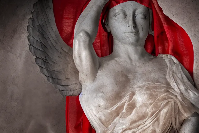 Image similar to a cinematic view of a ornated holy marble sphinx statue using an old red silk veil made by hedi xandt, chris haas and bernini, realistic, macabre art, detailed image, photorealistic, volummetric light