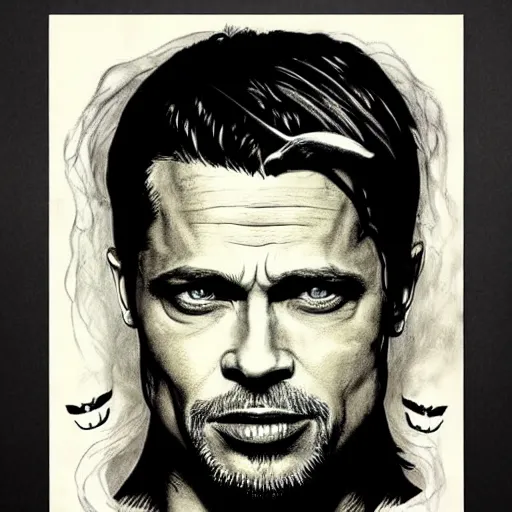 Prompt: creepy horror illustration of Brad Pitt as Lucifer with little horns on the forhead pitch black ink on old parchment black and white created by Thomas Kinkade.