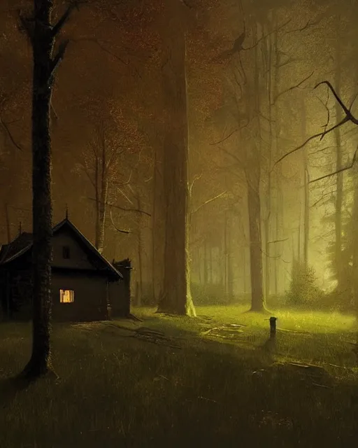 Image similar to a highly detailed epic cinematic concept art CG render digital painting artwork: Lone house in the woods at night. By Greg Rutkowski, in the style of Francis Bacon and Syd Mead and Norman Rockwell and Beksinski, open ceiling, highly detailed, painted by Francis Bacon and Edward Hopper, painted by James Gilleard, surrealism, airbrush, Ilya Kuvshinov, WLOP, Stanley Artgerm, very coherent, triadic color scheme, art by Takato Yamamoto and James Jean