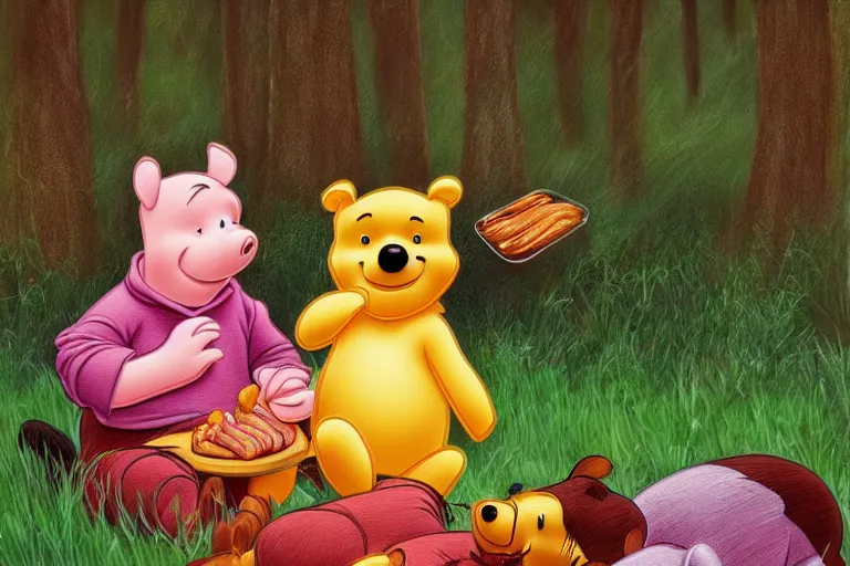 Image similar to winnie the pooh and piglet eating spare ribs, digital art, high detail, hyper realistic,