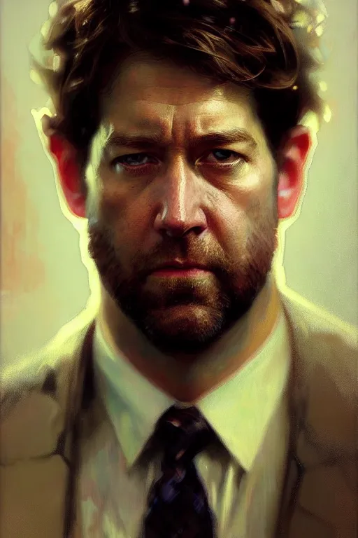 Image similar to hyperrealist portrait of jim halpert by jeremy mann and alphonse mucha, fantasy art, photo realistic, dynamic lighting, artstation, poster, volumetric lighting, very detailed faces, 4 k, award winning