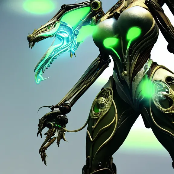 Image similar to extremely detailed giantess shot, close front shot, of a detailed stunning female warframe, that's a giant beautiful stunning anthropomorphic robot female dragon, 300 feet tall, standing majestically on a mountain, elegant pose, robot dragon claws, streamlined glowing green armor, detailed sharp metal claws, thick warframe robot legs, long elegant tail, detailed warframe fanart, destiny fanart, high quality digital art, giantess art, furry art, warframe art, Destiny art, furaffinity, DeviantArt, artstation, 8k HD, octane render