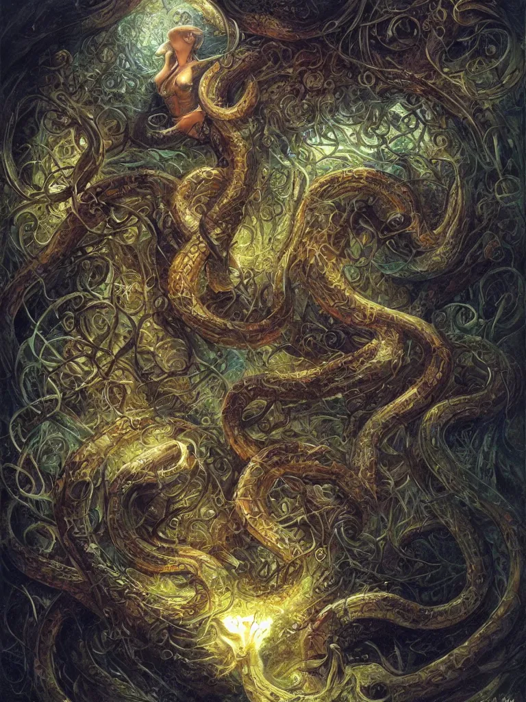 Prompt: ultradetailed painting of a slithering serpent, chaotic primordial scene, volumetric lighting, tarot card by Karol Bak