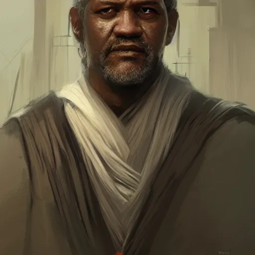 Image similar to portrait of a man by greg rutkowski, old jedi master, black, he looks like laurence fishbourne, star wars expanded universe, he is about 6 0 years old, wearing jedi robes, highly detailed portrait, digital painting, artstation, concept art, smooth, sharp foccus ilustration, artstation hq