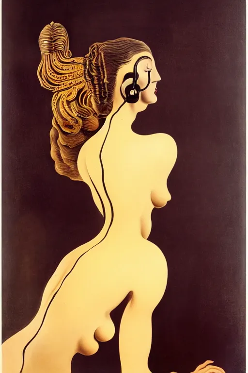 Prompt: beautiful woman by salvador dali, intricated details, 3 / 4 back view, hair styled in a bun, bendover posture, full body portrait, bright design, drips, autumn lights