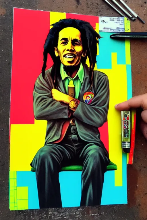 Image similar to bob marley sittin in front of barber shop!!! pop art, pixel, bioshock, gta chinatown, artgerm, richard hamilton, mimmo rottela, julian opie, aya takano, avoid duplicate!!!, avoid redudance!!!