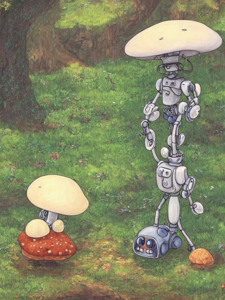 Prompt: portrait painting of a rustic robot sitting under a tree, mushroom, in the style of Studio Ghibli, by Hayao Miyazaki, high quality, detailed, 8k, amazing