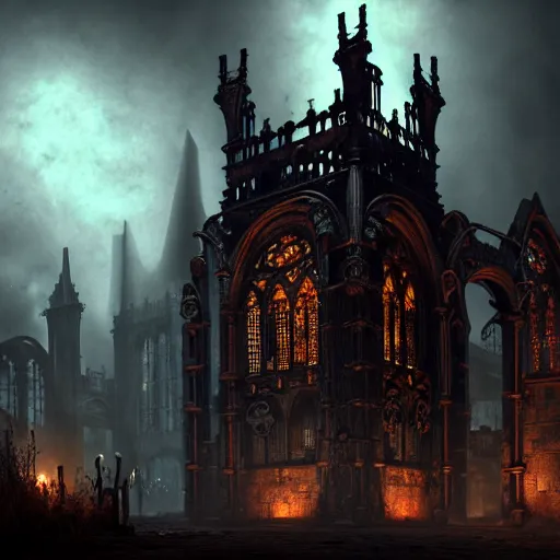 Image similar to steam necropolis, memento mori, gothic, neo - gothic, art nouveau, hyperdetailed copper patina medieval icon, stefan morrell, philippe druillet, ralph mcquarrie, concept art, steampunk, unreal engine, detailed intricate environment, octane render, moody atmospherics, volumetric lighting, ultrasharp, ominous, otherworldly