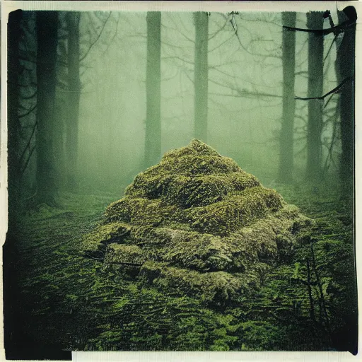 Image similar to a mossy rock pyramid in the middle of a forest clearing, at night, dark, foggy, eerie, creepy, unsettling, lost footage, old polaroid, expired film,