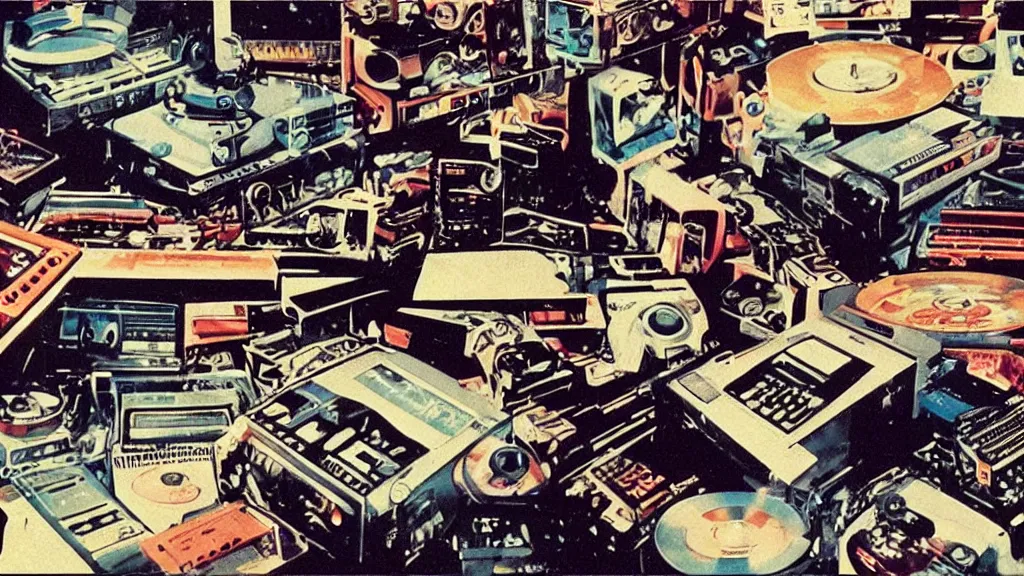 Prompt: full - color movie - frame from a 1 9 8 7 sequel to “ videodrome ” directed by “ david cronenberg ”. retrofuturism ; color cinematic photography ; cassette - punk ; cassette - futurism ; dystopian ; suspense ; people conversing and stalking each other near video - decks or reel - to - reel tapes or radio - equipment or mainframe computers.