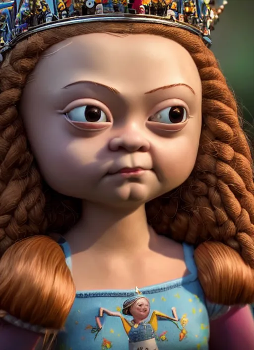 Image similar to highly detailed closeup, face profile portrait of greta thunberg as a tin toy fairytale princess wearing a crown eating cakes, bikini, unreal engine, nicoletta ceccoli, mark ryden, earl norem, lostfish, global illumination, detailed and intricate environment
