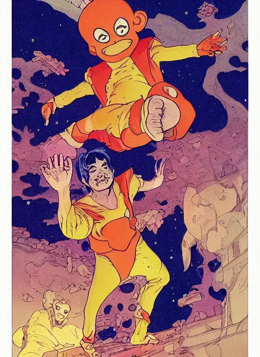 Image similar to adult little nemo in pajamas with dead eyes and coloured energy coming from the hands, fluid, smooth, dark, organic, crazy, high contrast, sharpness, dramatic, by greg rutkowski and siudmak and richard corben and moebius