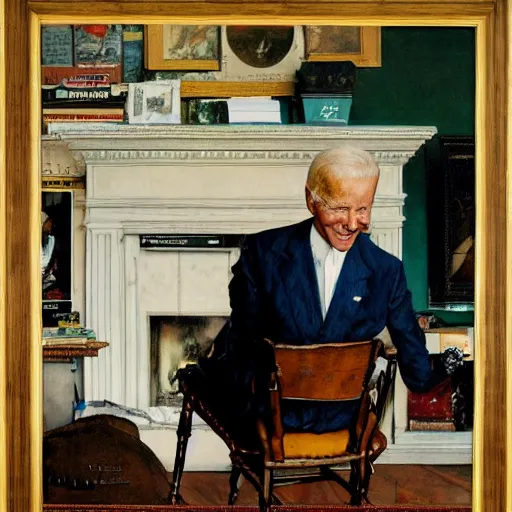 Image similar to a portrait painting by Norman Rockwell of Joe Biden sitting in a chair. Cozy fire. Legs crossed