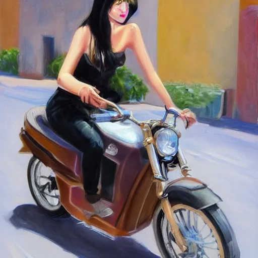 Image similar to a beautiful brunete girl in a moto, in the style of thomas saliot