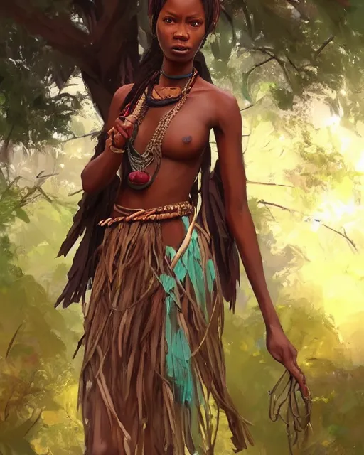 a tribal warrior in the forest, african. By Makoto