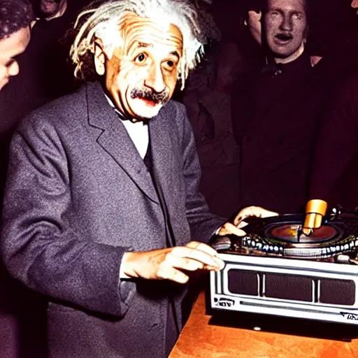 Image similar to color photograph of Albert Einstein DJing a record player at a nightclub, color photograph