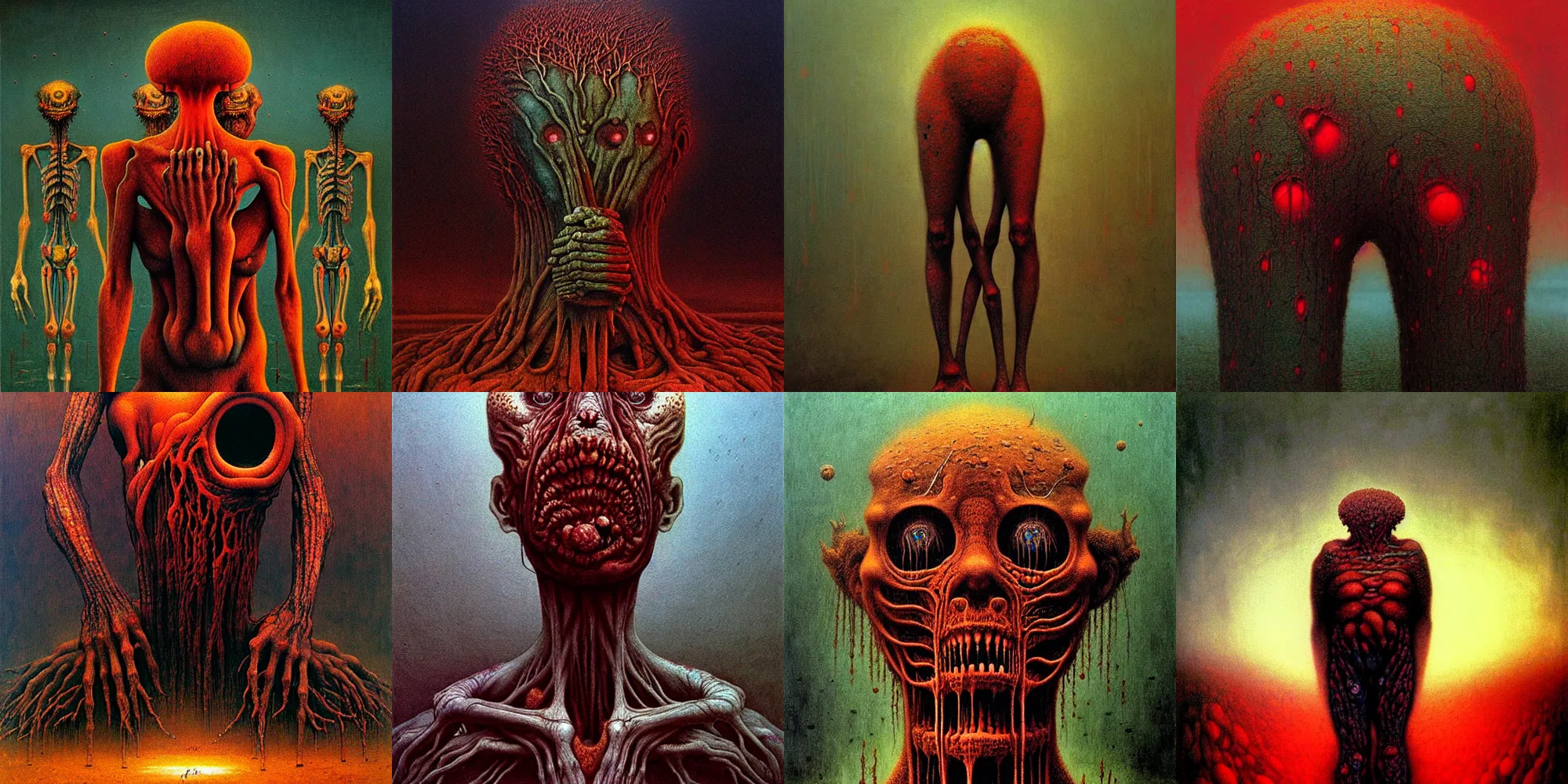 Prompt: large creature made from many different human body parts clumped into one, painting, dystopian art, beksinski, keith thompson, junji ito, vibrant deep colours, bleak, minimal background, horror
