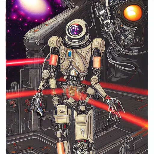 Image similar to detailed intricate color manga illustration of a renaissance Saint as an evil cyborg robot, cyberpunk, in space