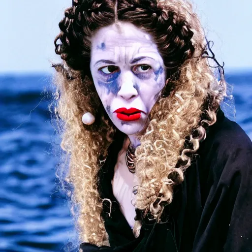 Prompt: a woman looking sick and curled up in a ball on the deck of a ship, a beautiful english woman with a long face narrow nose pale skin blue eyes red lips and wild messy tangles of curly white blonde hair, high resolution film still wearing a black robe and skull necklace and holding a spear, sandy, a journey to the west