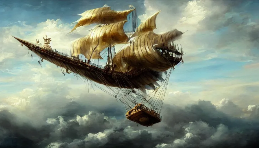 Image similar to a large pirate airship flying among the clouds, soaring through the sky, airship, realist painting, pirate, beautiful, highly detailed, trending on art station