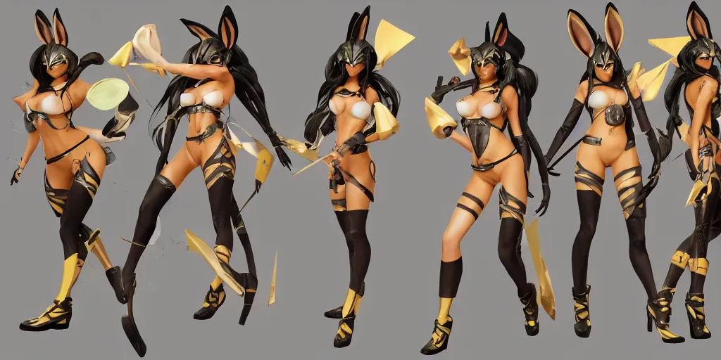 Prompt: Character sheet of Battle Bunny Akali (League of Legends) in KDA music video. 3d render, octane render, game art, realistic, highly detailed, trending on artstation, 4k, trending on artstation, pixar, cgsociety, unreal engine 5, redshift render, trending on artstation, blender, behance, cg