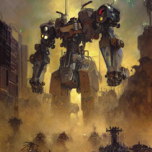 Image similar to six meters tall mech fighting in an urban environment, epic action scene, by gaston bussiere craig mullins jc leyendecker gustav klimt artgerm greg rutkowski john berkey, bergey, craig mullins, ruan jia, raymond swanland, jeremy mann, tom lovell, alex malveda