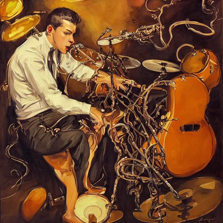 Image similar to a beautiful painting by joseph christian leyendecker of an octopus playing drums and telecaster guitar in a rock concert, dark background, concert light, dark mood, cold lighting