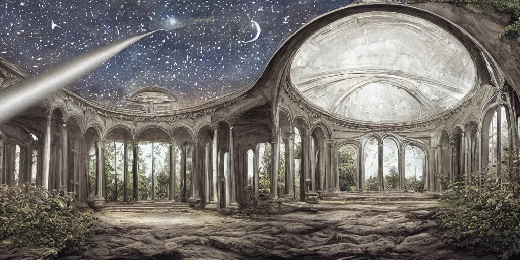 Image similar to hyper real, hyper detailed mat - painting sketch of an arch and dome interior with windows to gaze at the stars at night in a large recessed living room in the country with a view of a forest out side